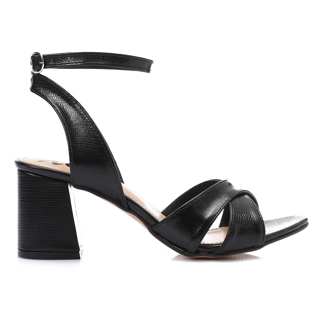 Black Shiny Cross-Strap Block Heel Sandals with Ankle Strap
