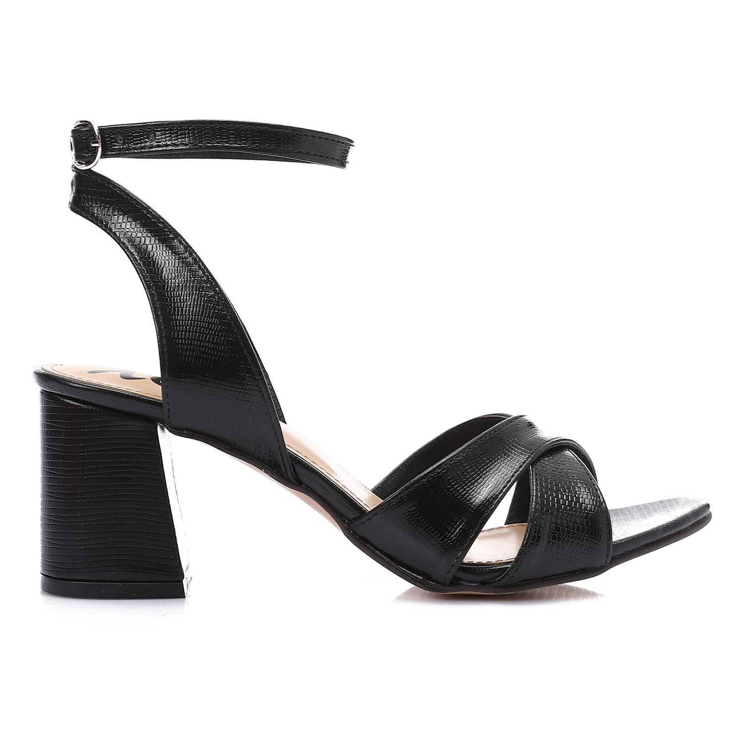 Black Shiny Cross-Strap Block Heel Sandals with Ankle Strap