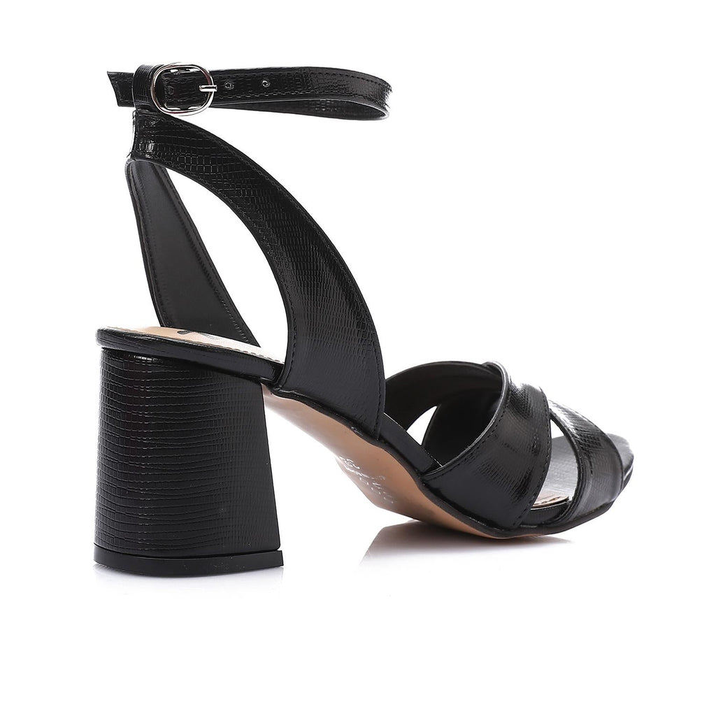 Black Shiny Cross-Strap Block Heel Sandals with Ankle Strap
