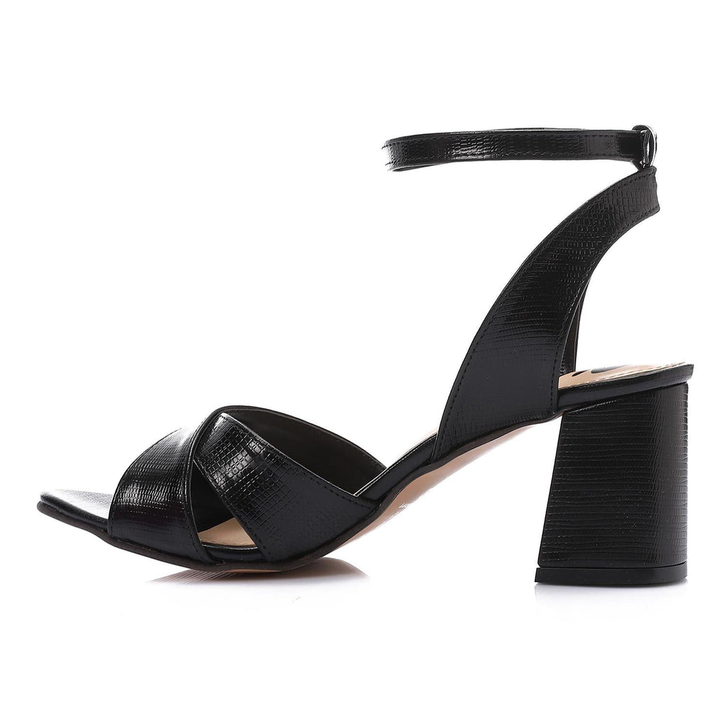 Black Shiny Cross-Strap Block Heel Sandals with Ankle Strap