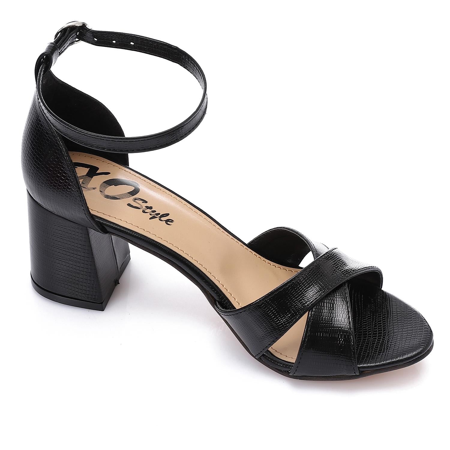 Black Shinny Cross-Strap Block Heel Sandals with Ankle Strap
