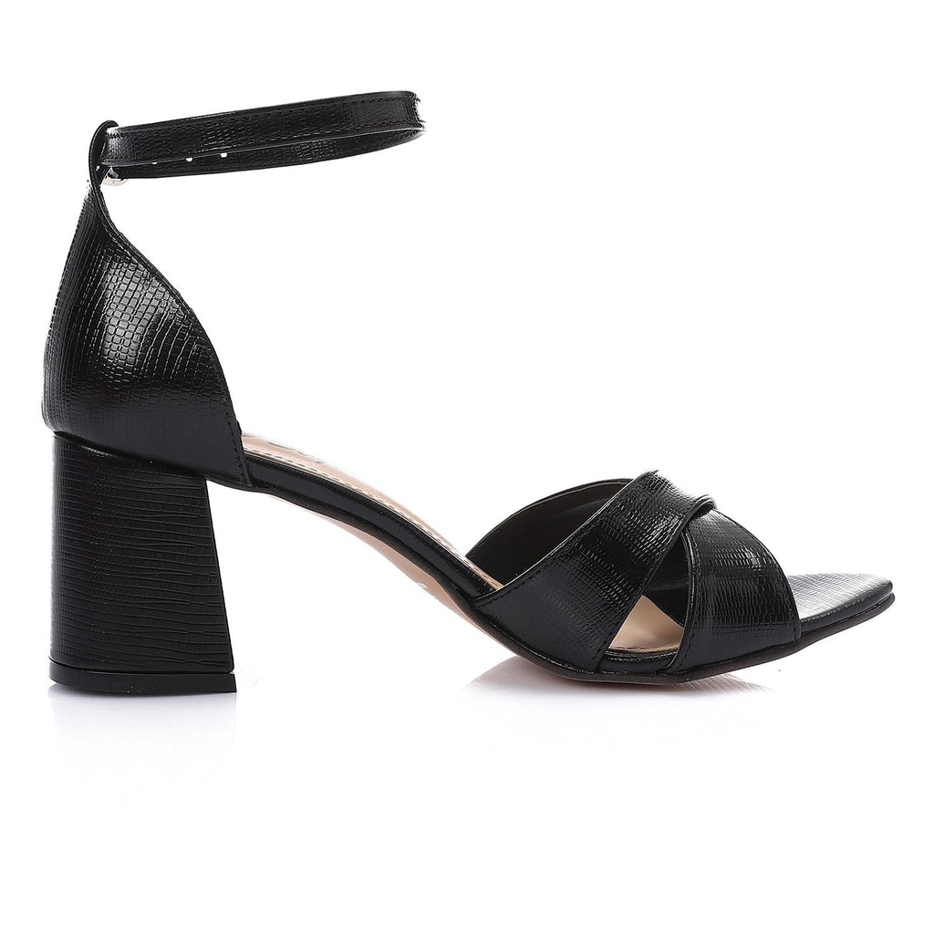 Black Shinny Cross-Strap Block Heel Sandals with Ankle Strap