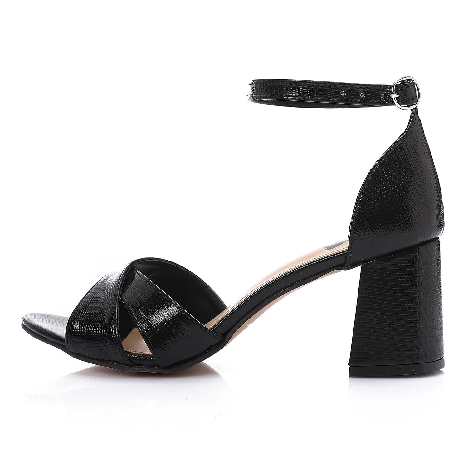 Black Shinny Cross-Strap Block Heel Sandals with Ankle Strap