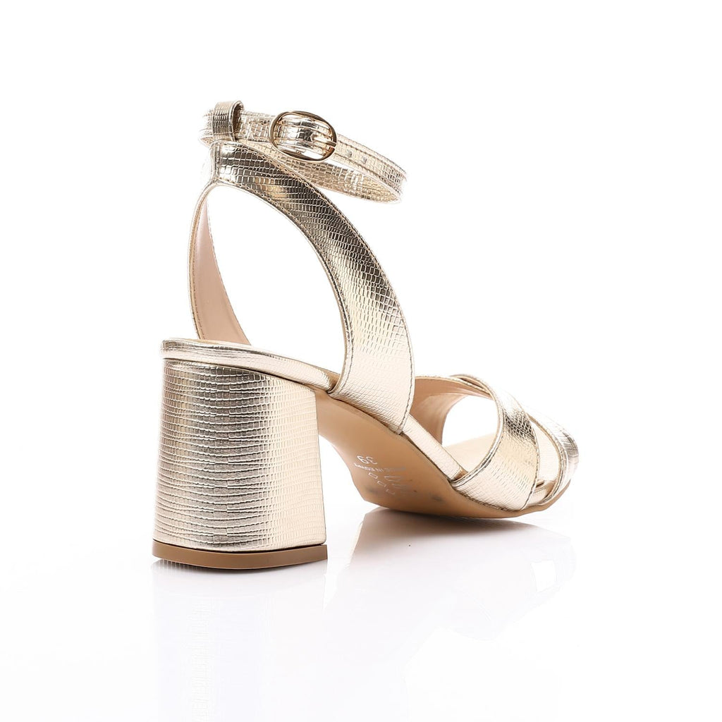 Golden Metallic Cross-Strap Block Heel Sandals with Ankle Strap