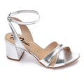 Silver Metallic Cross-Strap Block Heel Sandals with Ankle Strap