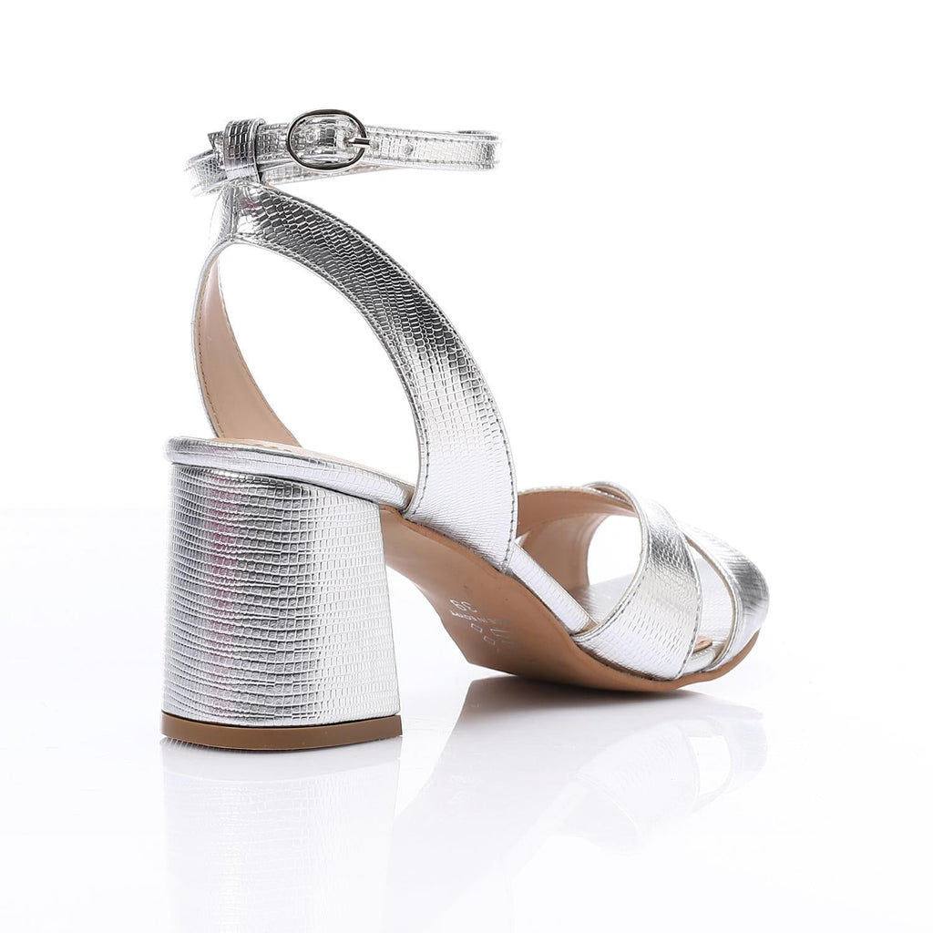 Silver Metallic Cross-Strap Block Heel Sandals with Ankle Strap