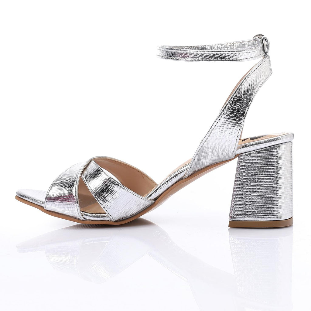 Silver Metallic Cross-Strap Block Heel Sandals with Ankle Strap