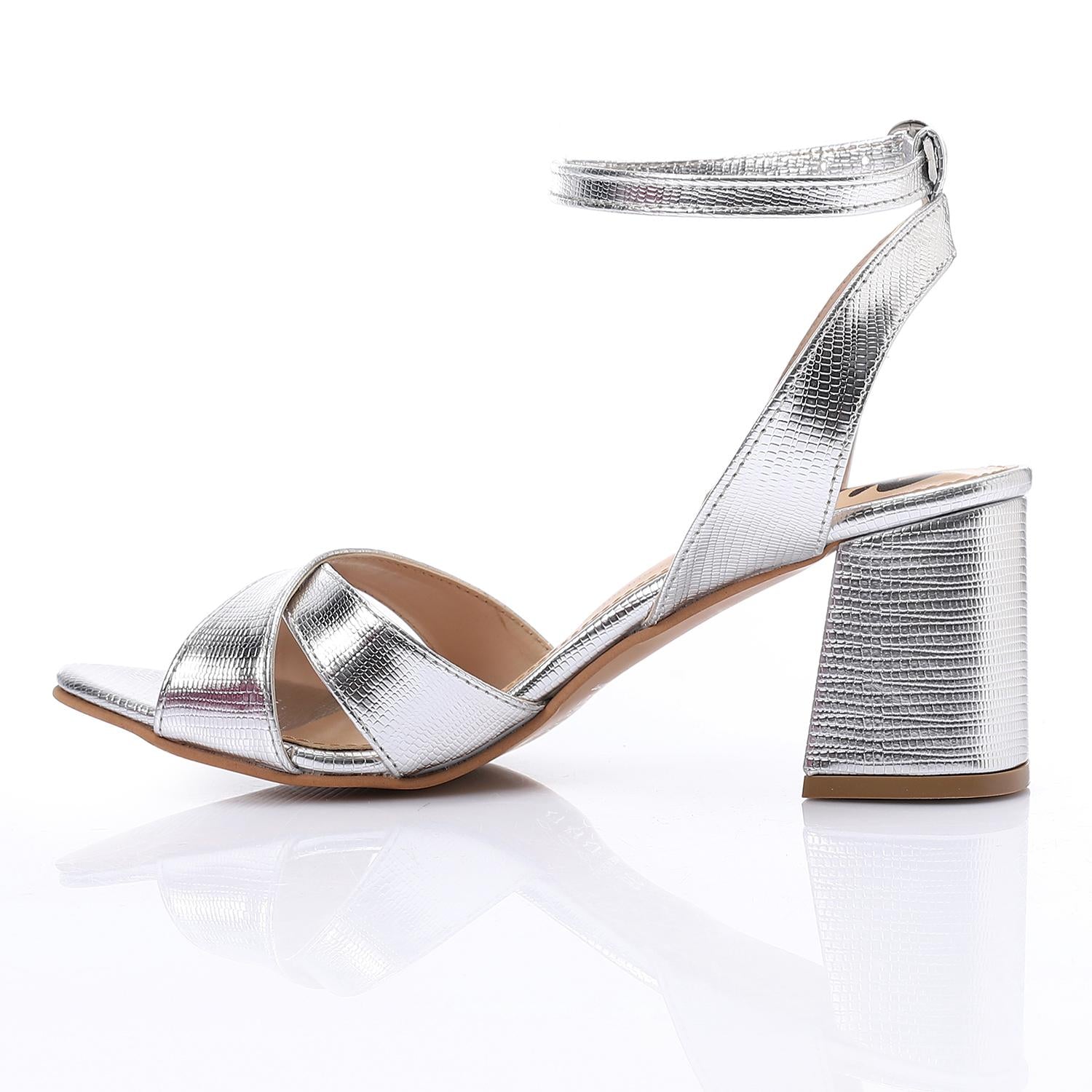 Silver Metallic Cross-Strap Block Heel Sandals with Ankle Strap