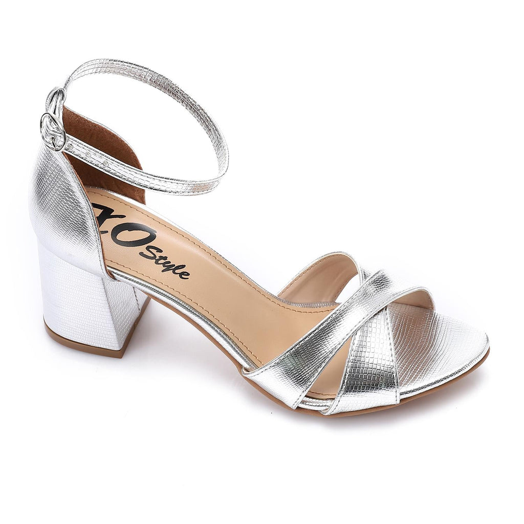 Silver Metallic Cross-Strap Block Heel Sandals with Ankle Strap