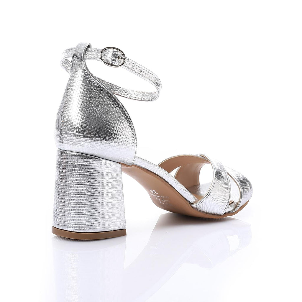 Silver Metallic Cross-Strap Block Heel Sandals with Ankle Strap