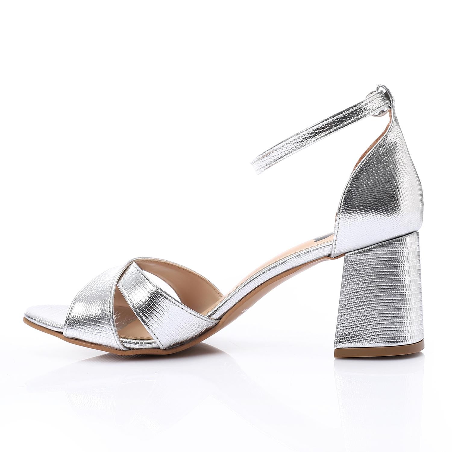 Silver Metallic Cross-Strap Block Heel Sandals with Ankle Strap
