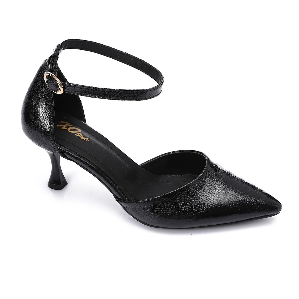 Pointed-Toe Kitten Heels with Ankle Strap - Black