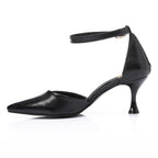 Pointed-Toe Kitten Heels with Ankle Strap - Black