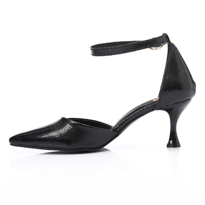 Pointed-Toe Kitten Heels with Ankle Strap - Black