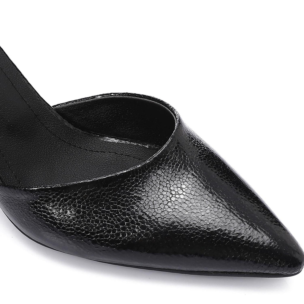 Pointed-Toe Kitten Heels with Ankle Strap - Black