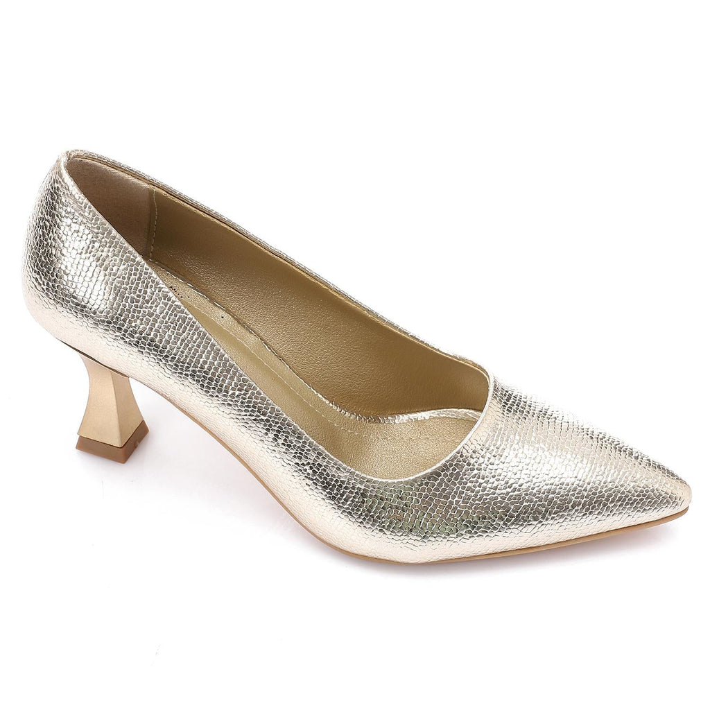 Golden Textured Pointed-Toe Kitten Heels
