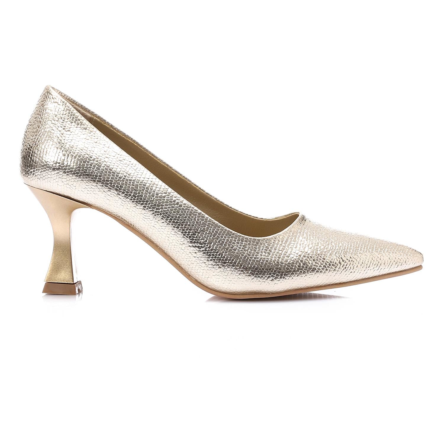 Golden Textured Pointed-Toe Kitten Heels