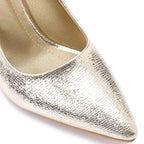 Elegant Silver Women's Heeled Shoes with Pointed Toe and Stylish Block Heel.