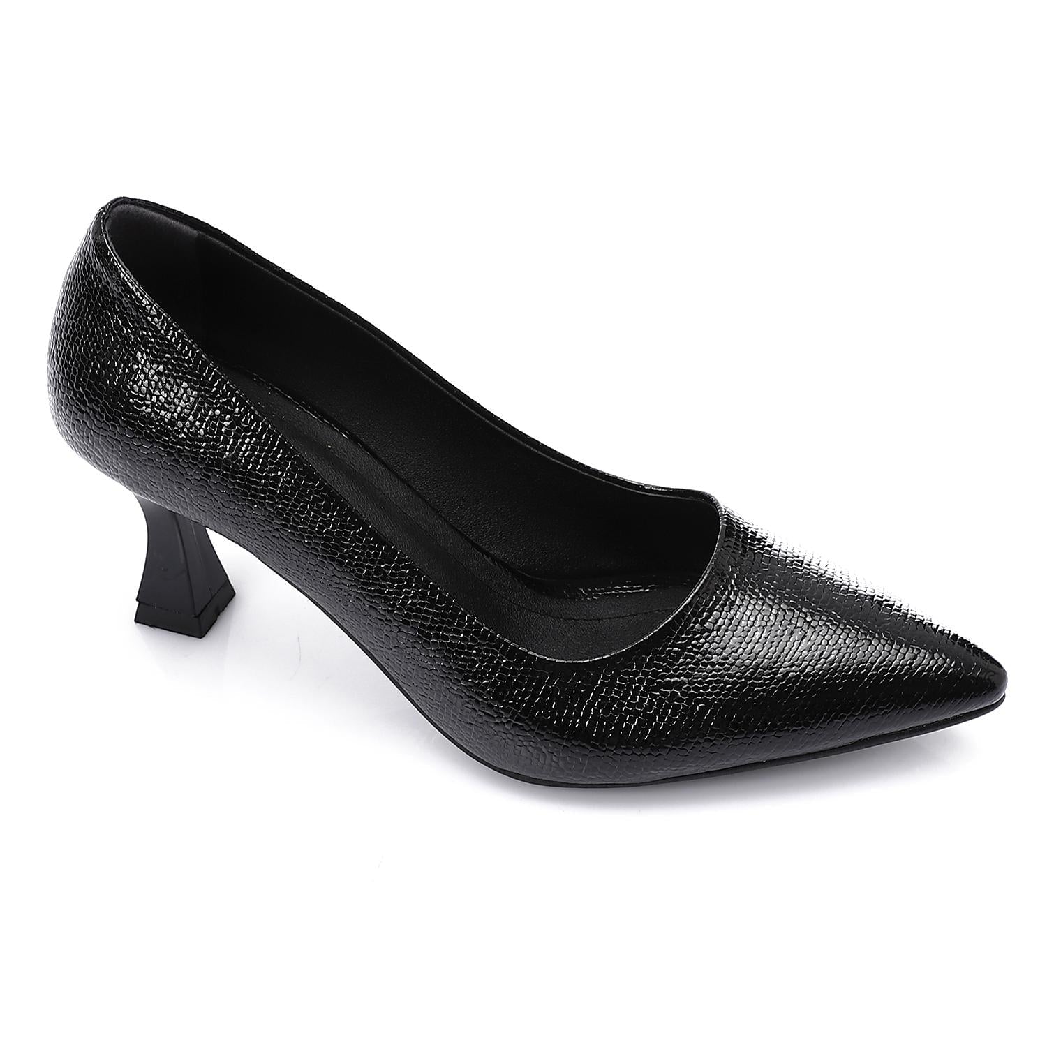 Black Embossed Pointed-Toe Sculptural Heel Pump
