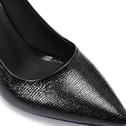 Black Textured Pointed-Toe Kitten Heels