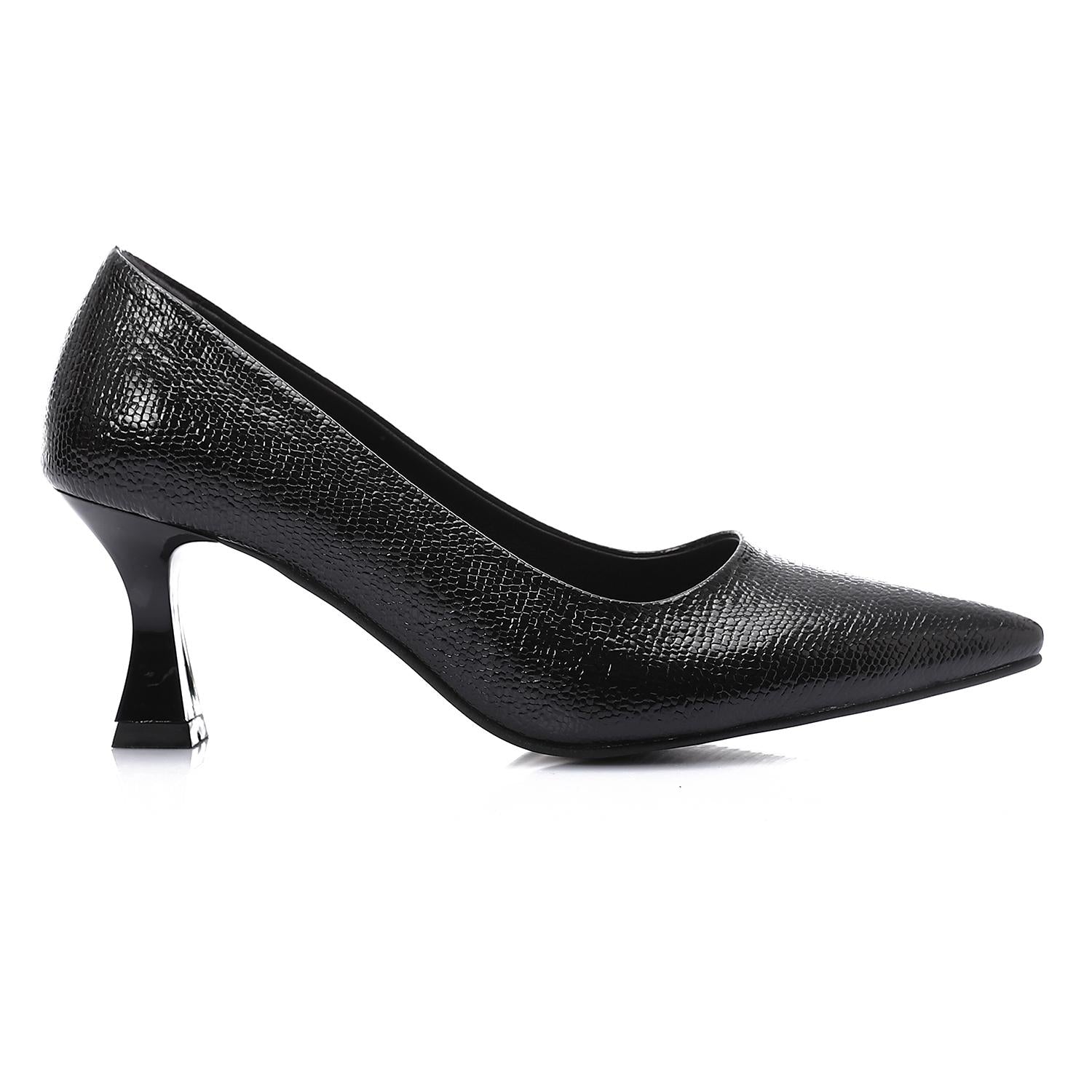 Black Embossed Pointed-Toe Sculptural Heel Pump