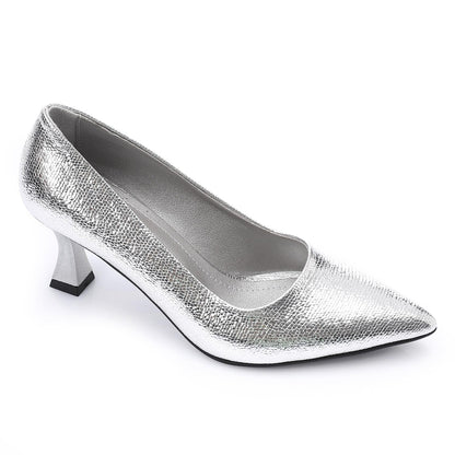 Silver Embossed Pointed-Toe Sculptural Heel Pump