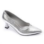 Elegant Silver Women's Heeled Shoes with Pointed Toe and Stylish Block Heel.