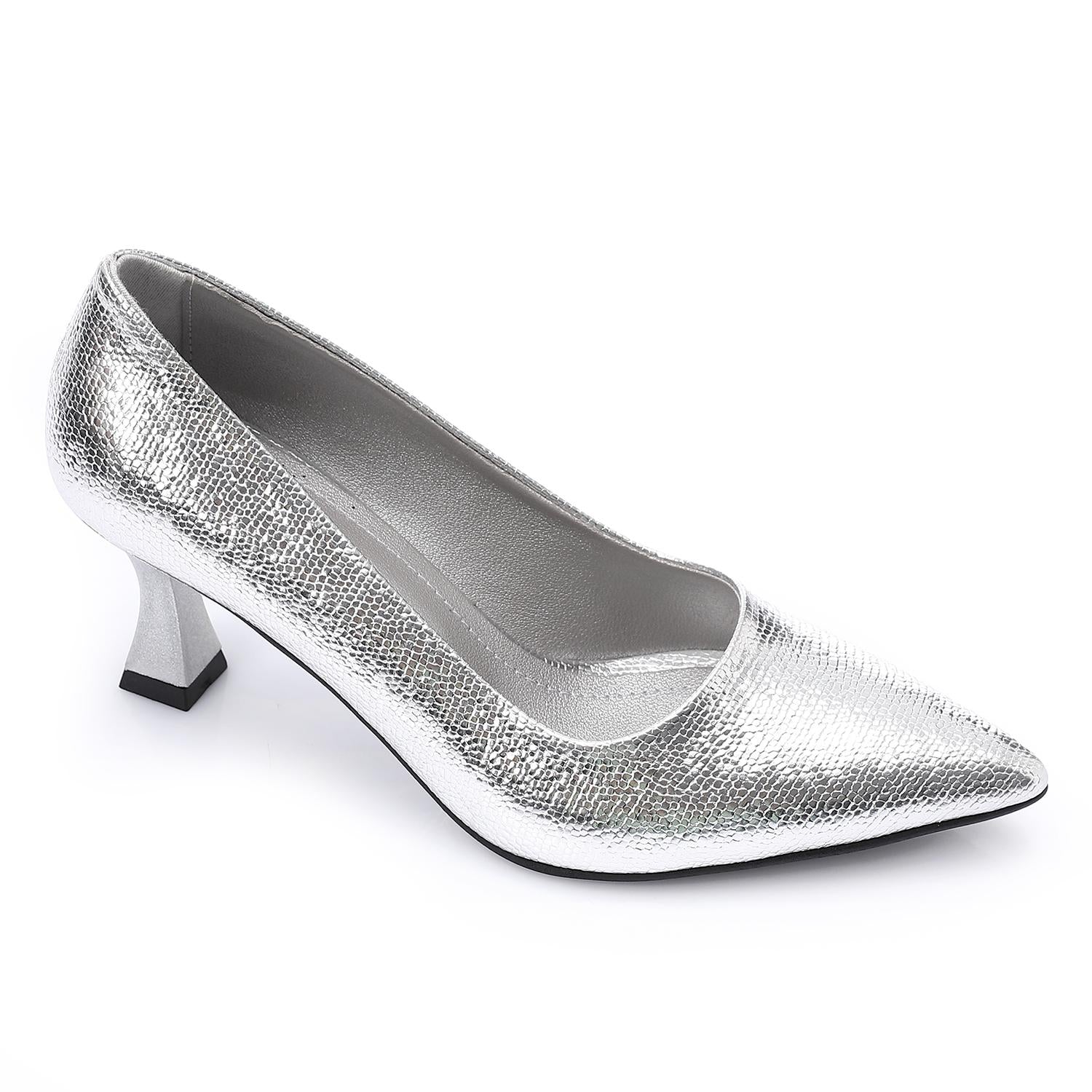 Elegant Silver Women's Heeled Shoes with Pointed Toe and Stylish Block Heel.