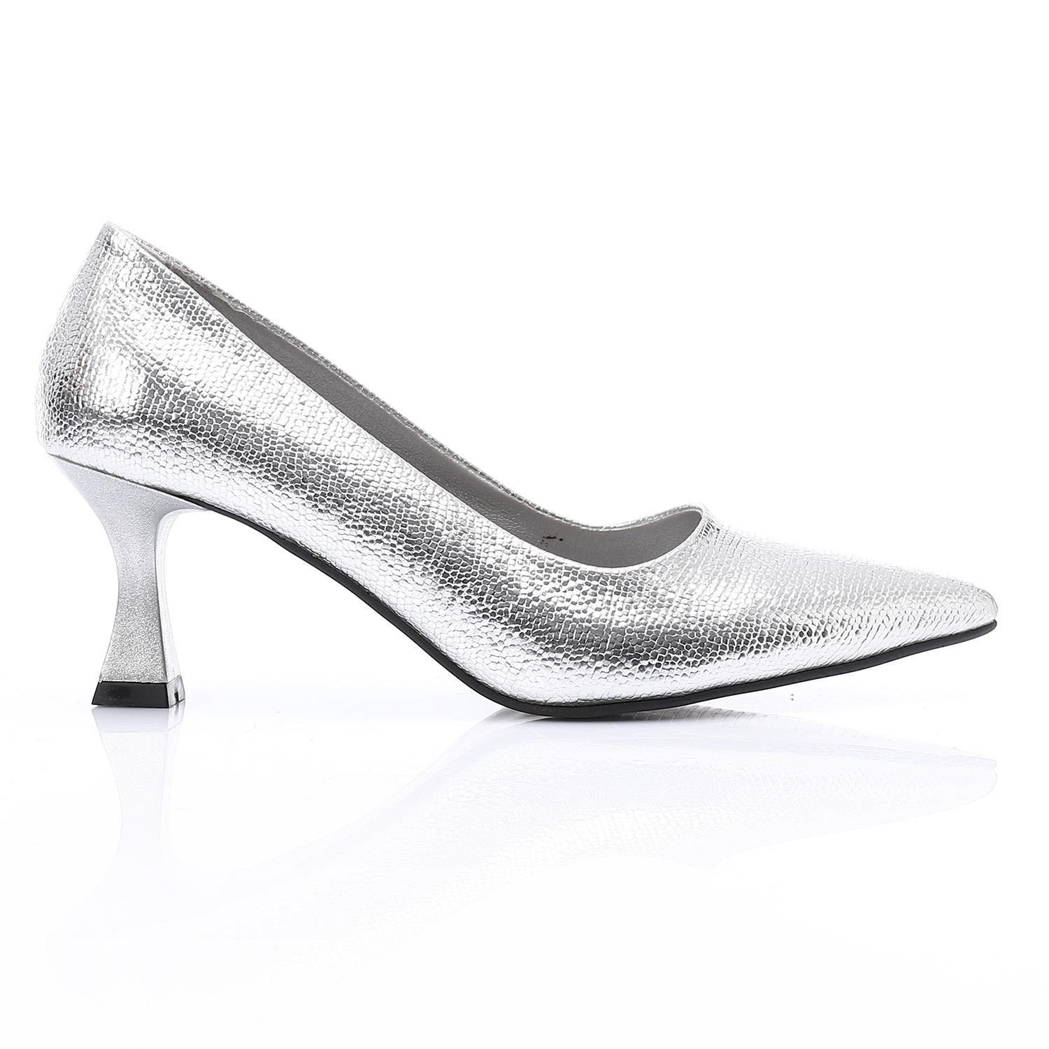 Silver Embossed Pointed-Toe Sculptural Heel Pump