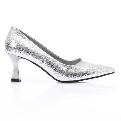 Silver Textured Pointed-Toe Kitten Heels