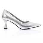 Elegant Silver Women's Heeled Shoes with Pointed Toe and Stylish Block Heel.