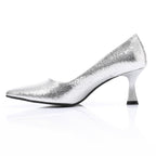 Silver Embossed Pointed-Toe Sculptural Heel Pump