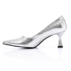 Elegant Silver Women's Heeled Shoes with Pointed Toe and Stylish Block Heel.