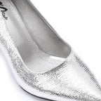 Silver Embossed Pointed-Toe Sculptural Heel Pump