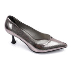 Elegant Silver Women's Heeled Shoes with Pointed Toe and Stylish Block Heel.