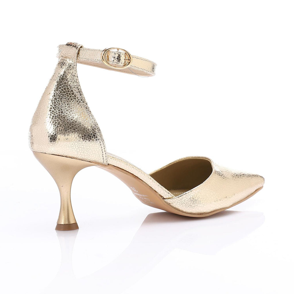 Pointed-Toe Kitten Heels with Ankle Strap - Gold