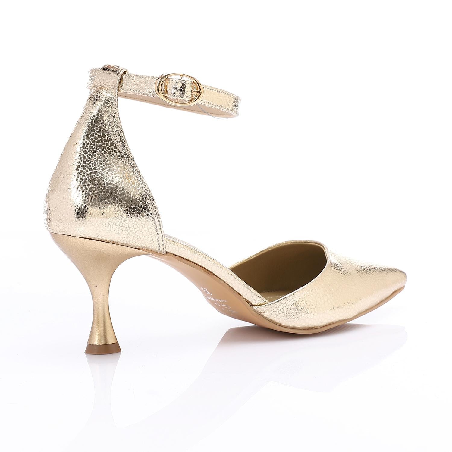Pointed-Toe Kitten Heels with Ankle Strap - Gold