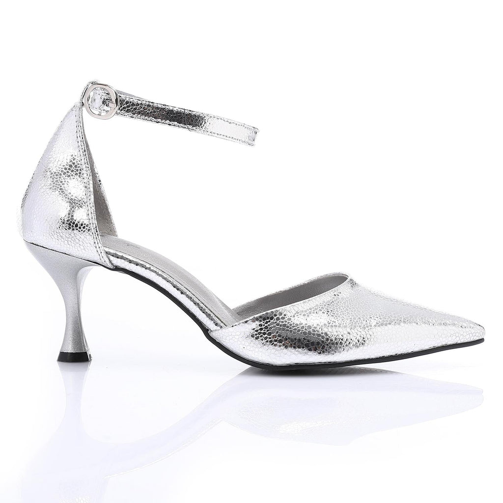 Pointed-Toe Kitten Heels with Ankle Strap - Silver