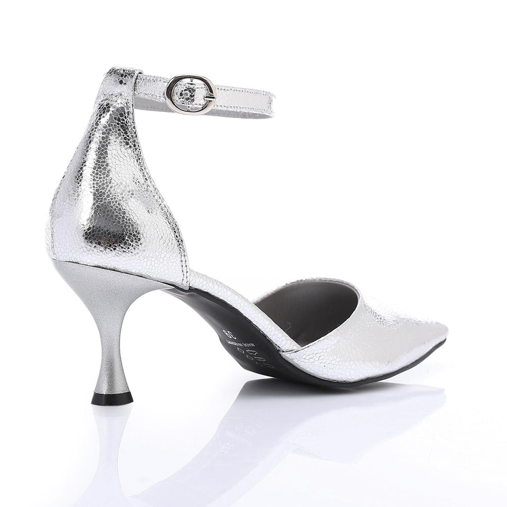Pointed-Toe Kitten Heels with Ankle Strap - Silver