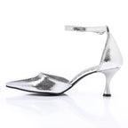 Pointed-Toe Kitten Heels with Ankle Strap - Silver