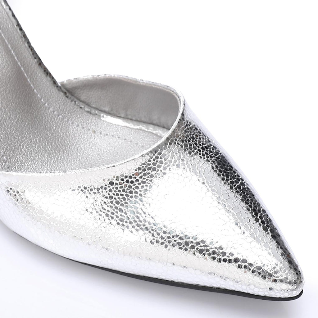 Pointed-Toe Kitten Heels with Ankle Strap - Silver