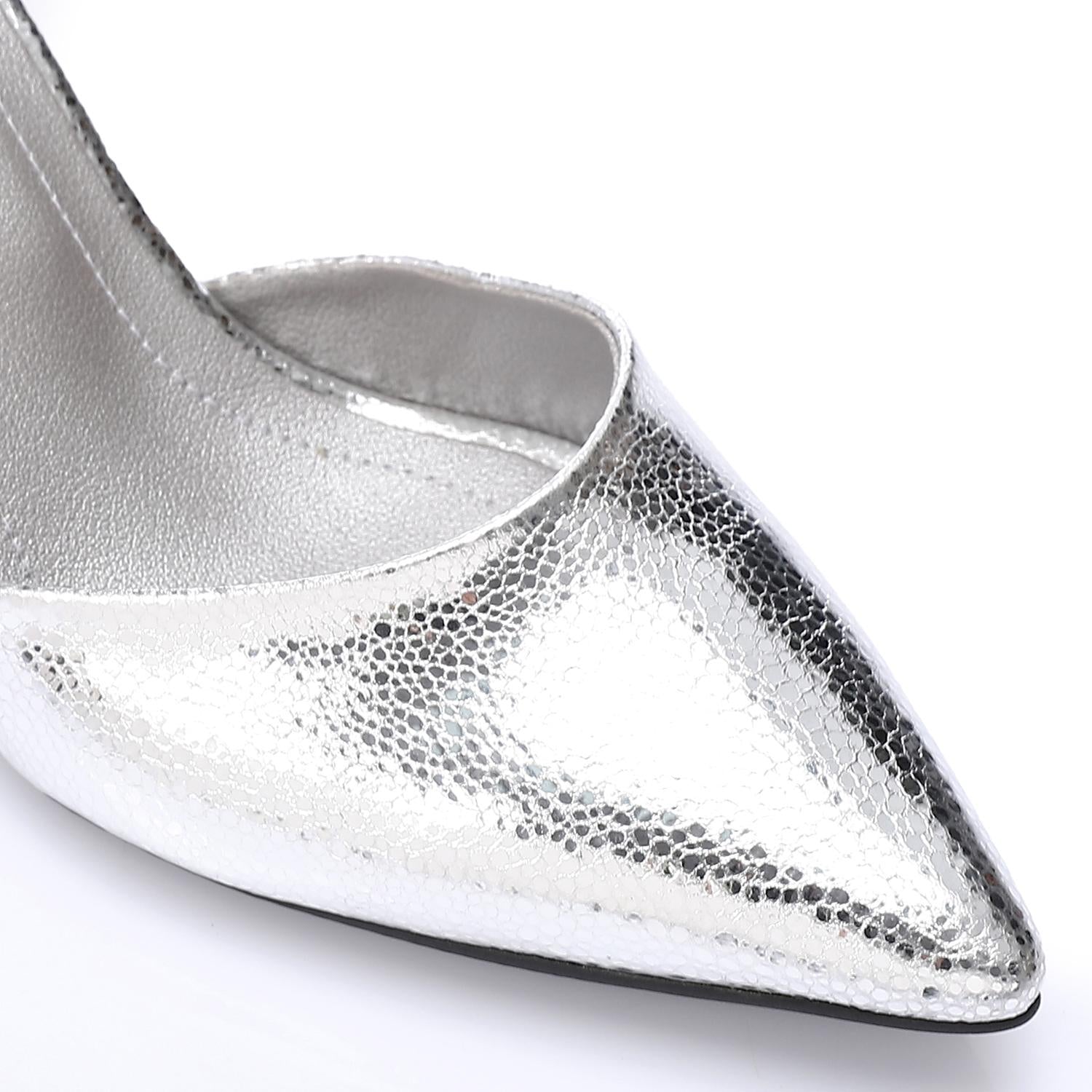 Pointed-Toe Kitten Heels with Ankle Strap - Silver