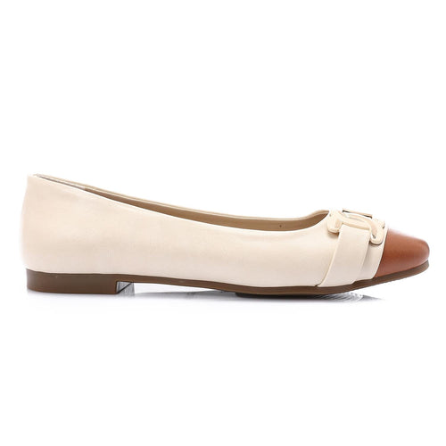 Beige & Brown Ballet Flats with Gold Hardware