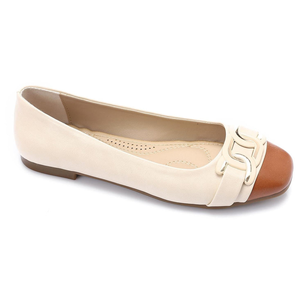 Beige & Brown Ballet Flats with Gold Hardware