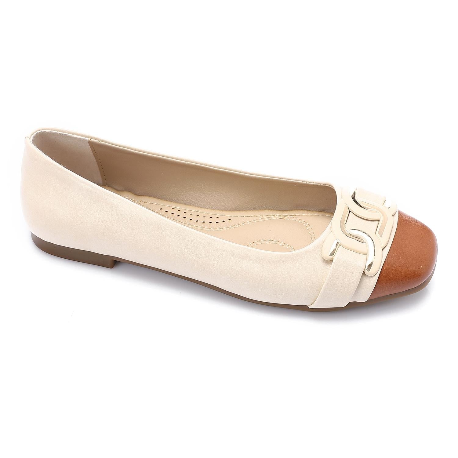 Beige & Brown Ballet Flats with Gold Hardware