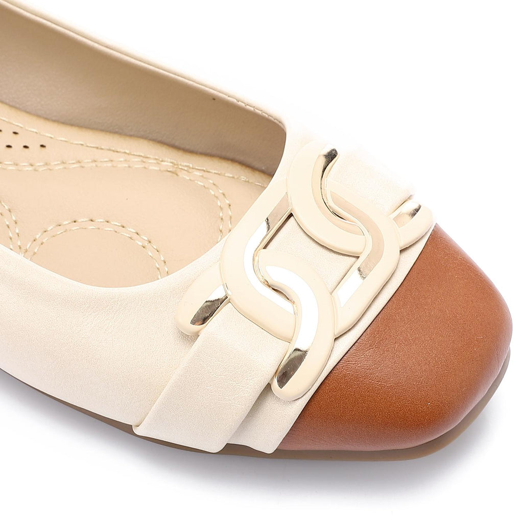 Beige & Brown Ballet Flats with Gold Hardware