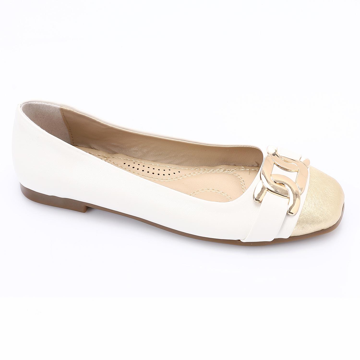 White & Gold Ballet Flats with Gold Hardware