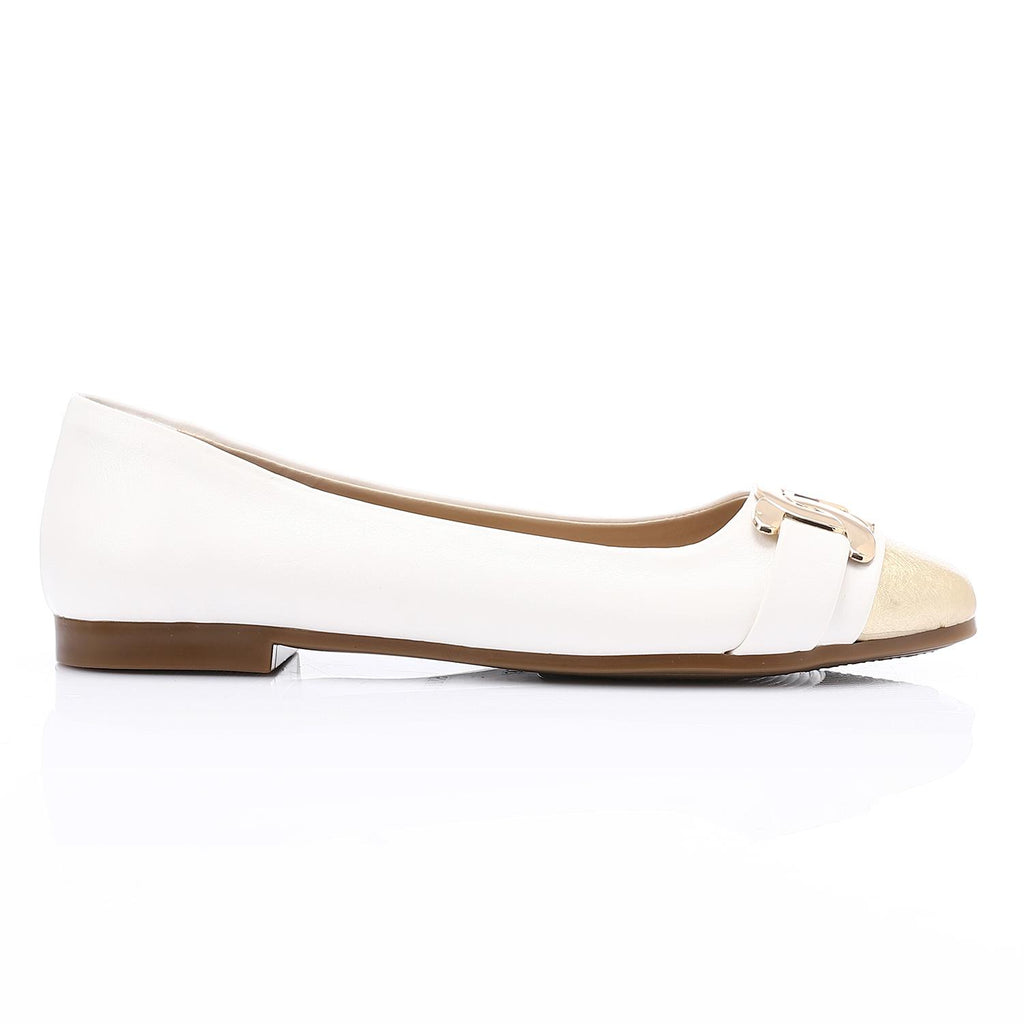 White & Gold Ballet Flats with Gold Hardware