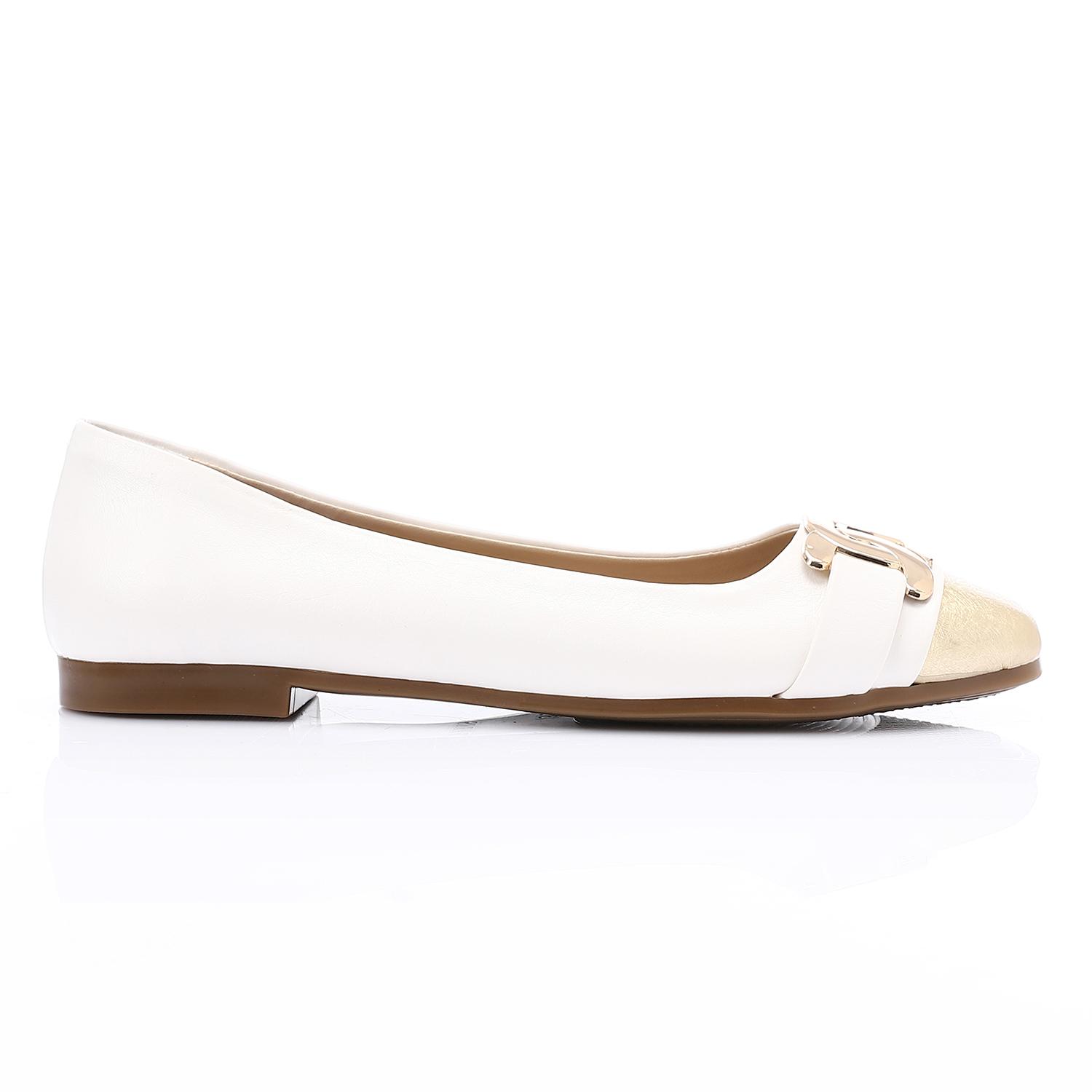 White & Gold Ballet Flats with Gold Hardware