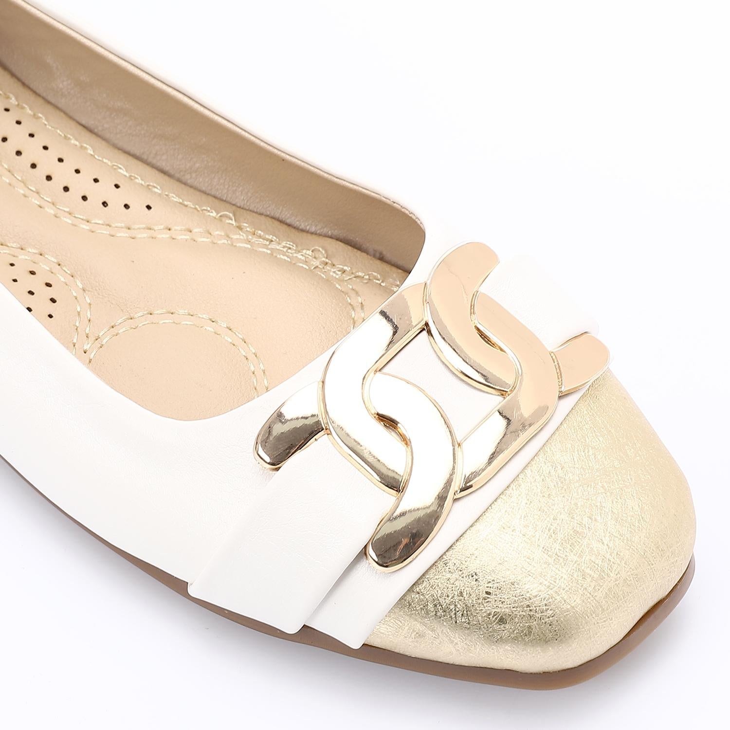 White & Gold Ballet Flats with Gold Hardware